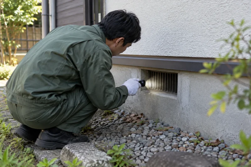 住宅の基礎まわりを点検する作業のイメージ