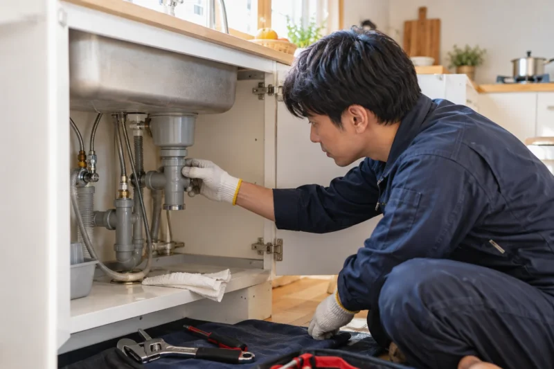 キッチンの配管を点検する作業のイメージ
